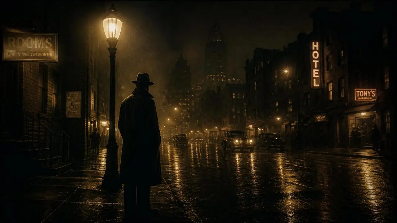 A detective in a trench coat under a streetlamp on a rain-slicked noir city street
